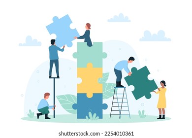 Team of tiny volunteers holding puzzle pieces with hearts and help word in hands, people connect jigsaw flat vector illustration. Charity process, social organization. Love, tolerance, hope concept.