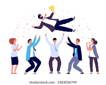 Team tossing man in air. Business people group celebrating success victory. Corporate achievement, winner award celebration, vector concept