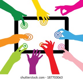 Team touches the tablet PC - social games - mutual aid - various characters - cooperation and integration - hand Gestures