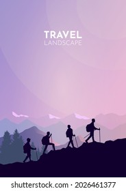 Team tourists strolling mountain forest. Travel concept of discovering, exploring, observing nature. Hiking tourism. Adventure. Minimalist graphic flyer. Polygonal flat design. Vector illustrations