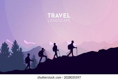 Team tourists strolling mountain forest. Travel concept of discovering, exploring, observing nature. Hiking tourism. Adventure. Minimalist graphic flyer. Polygonal flat design. Vector illustrations