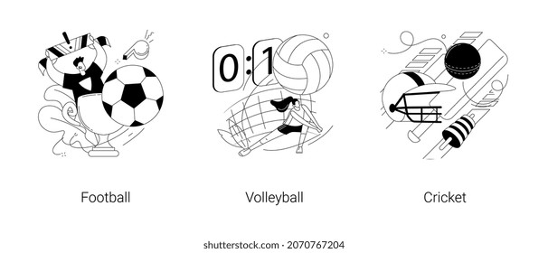 Team tournament abstract concept vector illustration set. Football and volleyball competition, cricket championship, sports betting, professional team, playground field, stadium abstract metaphor.