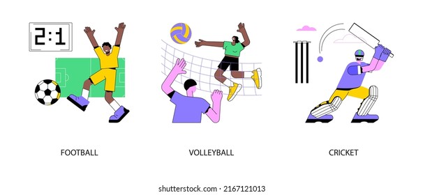 Team tournament abstract concept vector illustration set. Football and volleyball competition, cricket championship, sports betting, professional team, playground field, stadium abstract metaphor.