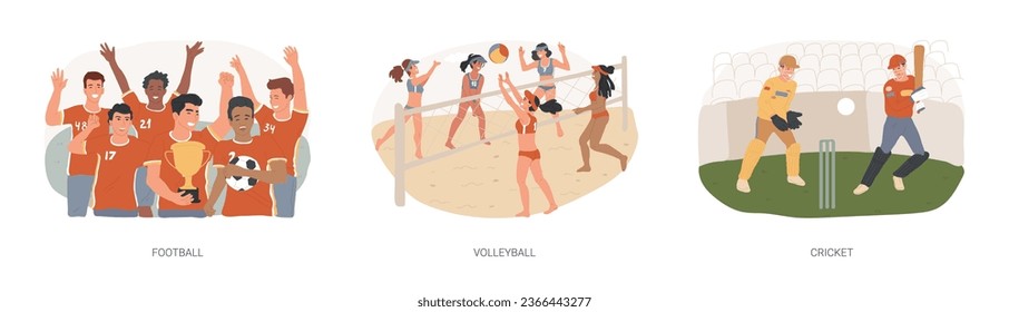 Team tournament isolated concept vector illustration set. Football and volleyball competition, cricket championship, sports betting, professional team, playground field, stadium vector concept.