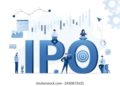 Team von Händlern und Geschäftsleuten handelt Aktien online. Briefe - Börsengang mit Zielscheibe. Börsengang, Börsengang. Die Firma geht an die Börse. Investitionsmöglichkeit, Profit aus neuen Aktien.