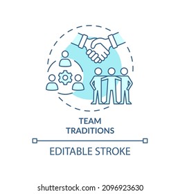 Team traditions turquoise concept icon. Rituals for employees abstract idea thin line illustration. Isolated outline drawing. Editable stroke. Roboto-Medium, Myriad Pro-Bold fonts used