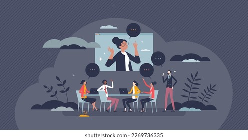 Team training and conference with online coaching course tiny person concept. Online business seminar for employee skills and ability improvement vector illustration. Professional project briefing.