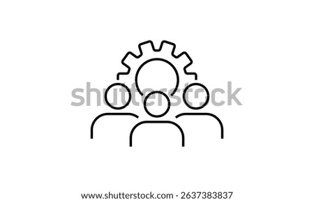 Team training, crm system outline icon, group of three people with a gear icon. Vector EPS10	
