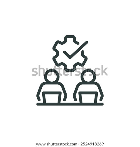 Team training, partnership community, teamwork development outline icon. Line sign group of two people with a gear. Vector isolated pictograms for web and app on white background editable stroke.