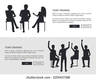 Team training people black silhouettes sit on chairs, discuss issues and raise qualification isolated flat vector illustration on white background