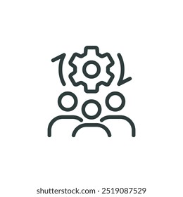 Team training, teamwork development, crm system outline icon. Line sign group of three people with a gear. Vector isolated pictograms for web on white background editable stroke.