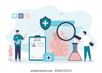 Team of transplant doctors and surgeons evaluate quality and health of donor heart for transplantation into patient. Donor human organs anatomical healthy heart. Cardiovascular problem and healthcare.