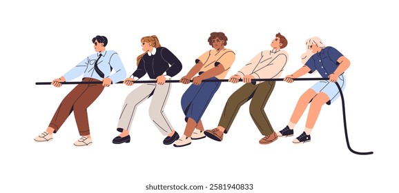 Team tug of war. People pull rope. Employees, office workers contest, compete, resist against rivals. Business confrontation, teamwork concept. Flat isolated vector illustration on white background