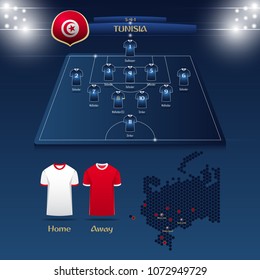 Team Tunisia soccer jersey or football kit with match formation tactic infographic. Football player position on football pitch and stadium map for broadcasting graphic. Vector Illustration.