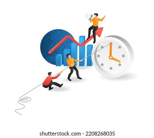 Team turning the clock for business in isometric flat illustration