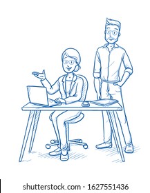 Team of two happy, modern business people at a desk. Hand drawn blue line art cartoon vector illustration