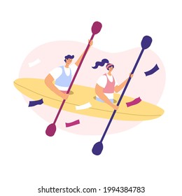 A team of two paddles in a canoe. Vector illustration. Isolated on white background. Sport competitions, news, social media design. Rowing, water sport, tandem, swimming, rafting. 