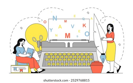 Team of typewriters. Women near huge typewriter. Copywriters and editors. Freelancers and remote workers. People with poem desk. Linear vector illustration isolated on white background