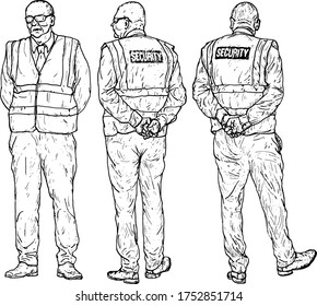 A team of uniform security guard. Hand drawn vector illustration.