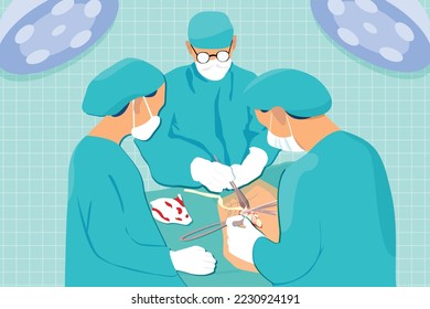 A team of uniform surgeons and assistants perform surgery. In modern hospital surgery, emergency room, and modern professional medicine. Illustration of a character wearing a mask.