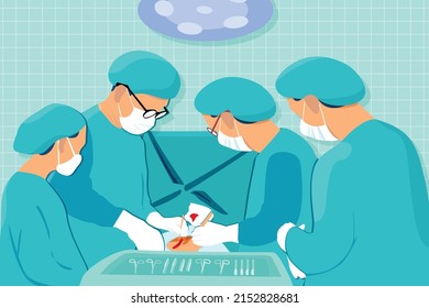 A team of uniformed surgeons and assistants perform surgery. In modern hospital surgery, emergency room, professional modern medicine. Illustration of a character wearing a mask.