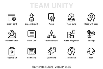 Team Einheit moderne Linie Icon-Set. Professionelle minimale Vektorgrafik-Kollektion, die kreative Zusammenarbeit, Partnerschaft und Gruppendesigns zeigt.