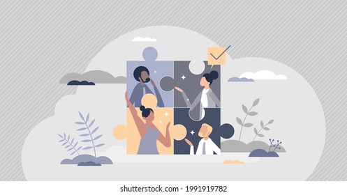 Team unity as puzzle pieces for common task collaboration tiny person concept. Colleagues work together and partnership cooperation as efficient and productive coworkers assistance vector illustration