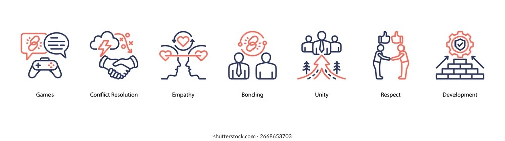 Team Unity web banner vector illustration featuring Games, Conflict Resolution, Empathy, Bonding, Unity, Respect, and Development.