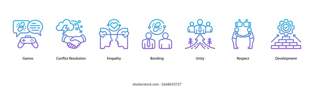 Team Unity web banner vector illustration featuring Games, Conflict Resolution, Empathy, Bonding, Unity, Respect, and Development.