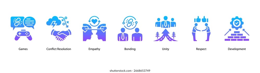 Team Unity web banner vector illustration featuring Games, Conflict Resolution, Empathy, Bonding, Unity, Respect, and Development.
