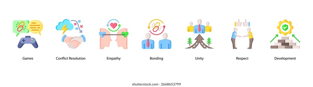 Team Unity web banner vector illustration featuring Games, Conflict Resolution, Empathy, Bonding, Unity, Respect, and Development.