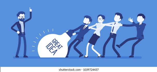 Team uprising great idea. Young creative team generating super new project plan, pulling with effort, apply all force, time and energy, collaborative work. Vector illustration with faceless characters