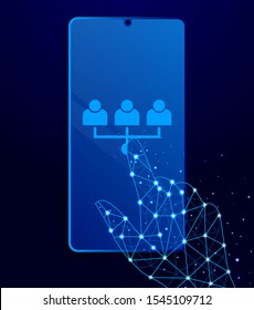 team, users, avatars touch phone. Polygon style touch phone vector illustration