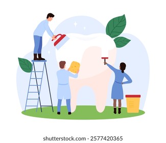 Team using various cleaning tools to scrub a giant tooth, emphasizing dental hygiene, maintenance, and oral health care vector illustration.