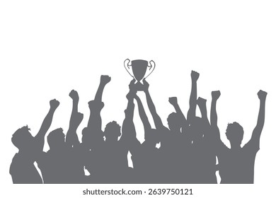 Team vector celebrating victory with passion, lifting the trophy together. Happy, energetic expression, suitable for sports poster design, tournament banner, or team victory motivation illustration.