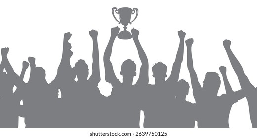 Team vector celebrating victory with passion, lifting the trophy together. Happy, energetic expression, suitable for sports poster design, tournament banner, or team victory motivation illustration.