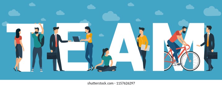 Concepto vectorial de equipo para encabezado de sitio web, tarjeta de saludo y banner, plantilla de presentación. Personajes de diseño plano con letras blancas