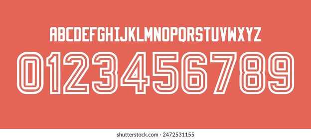 In: Team Vektorgrafik Font 2022 Sports Style Font Kit. River Plate Schriftart. Buchstaben und Zahlen im Sportstil für Fußballmannschaft auf Auswärtstrikot Hintergrund.
