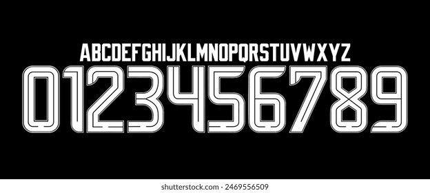 In: Team Vektorgrafik Font 2023- 2024 Sports Style Font Kit. Keltische Schrift. Buchstaben und Zahlen im Sportstil für Fußballmannschaft auf Auswärtstrikot Hintergrund.	