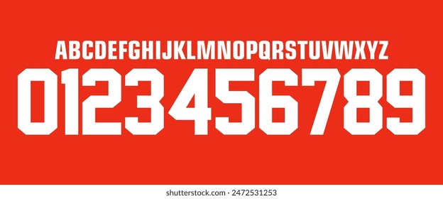 In: Team Vektorgrafik Font 2023 Sports Style Font Kit. River Plate Schriftart. Buchstaben und Zahlen im Sportstil für Fußballmannschaft auf Auswärtstrikot Hintergrund.
