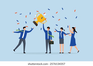 team victory, cheerful colleagues in a business team rejoice in their success with a trophy.