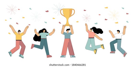 Concepto de victoria en equipo, concepto de victoria con personajes. El hombre está sosteniendo una taza y celebrando con todo su equipo. Ilustración vectorial aislada en fondo blanco.