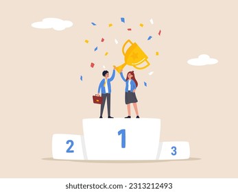 Team victory concept. Team success win together, teamwork or collaboration to achieve goal together, group winner, businessman and businesswoman colleagues hold winning trophy on first place podium.