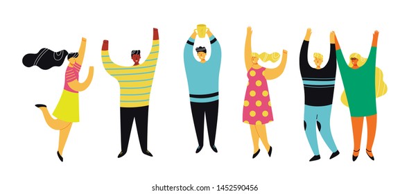 Team victory, joy with partnership and achievement. Group working together to achieve good result. Vector flat style cartoon illustration isolated on white background