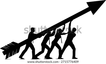 Team victory silhouette vector illustration featuring group raising flag pole for achievement concepts.
