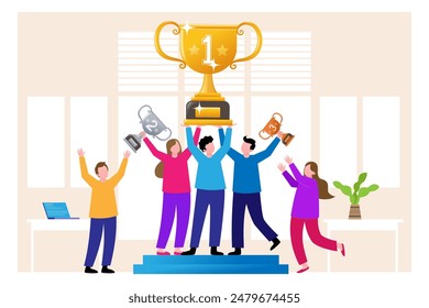 Team victory and success work achievement , winner, leadership, career success, champion celebration, winning award concept, team celebrate success winning trophy and joyful business people team