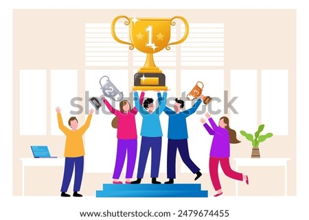 Team victory and success work achievement , winner, leadership, career success, champion celebration, winning award concept, team celebrate success winning trophy and joyful business people team