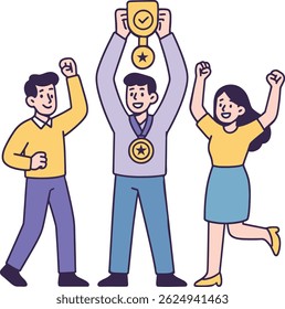 Team Victory Vector Illustration. Celebrating with Trophy.