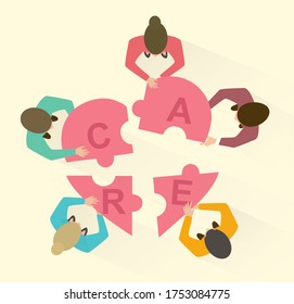 Team of volunteers building heart with word CARE from puzzle pieces, overhead view. Vector illustration in flat style