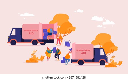 Team of Volunteers Characters in Humanitarian Aid Van Unloading Help Boxes to Refugees from Trucks. Governmental Help to People in Need Concept, Material Assistance. Cartoon Vector Illustration